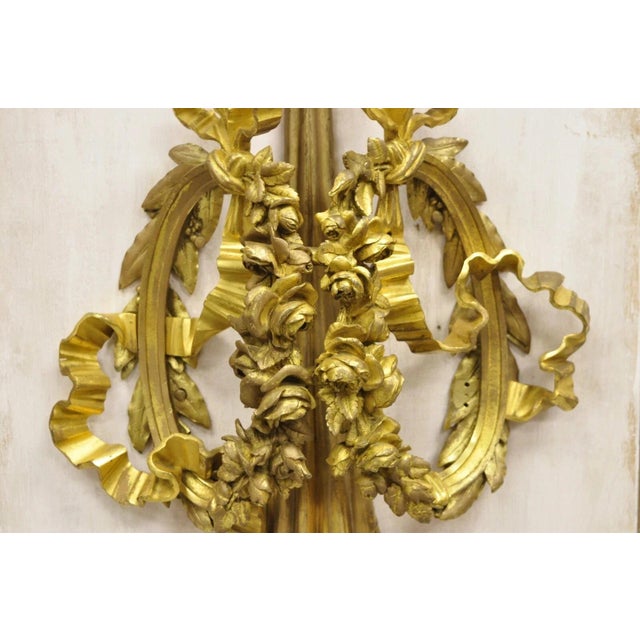 French Louis XV Gold Gilt Bronze Ribbon Drape Large Wall Plaque Sconces - A Pair For Sale - Image 11 of 16