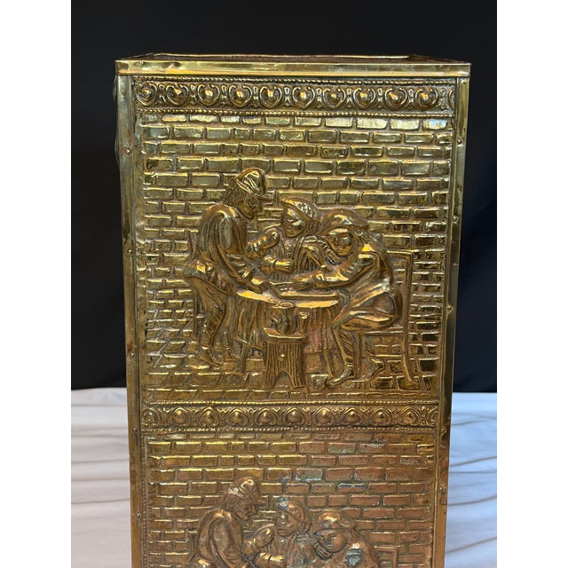 Wood Late 19th Century English Repoussé Brass Umbrella Stand With Figural Tavern Scene Relief For Sale - Image 7 of 8