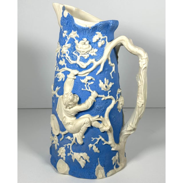 English Antique Parian Pitcher: Relief-Moulded Boy Climbing Tree, T.J. & J. Mayer c. 1850 For Sale - Image 3 of 10
