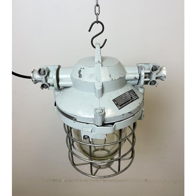 Industrial Grey Bunker Ceiling Light with Iron Cage from Elektrosvit, 1970s For Sale - Image 10 of 16