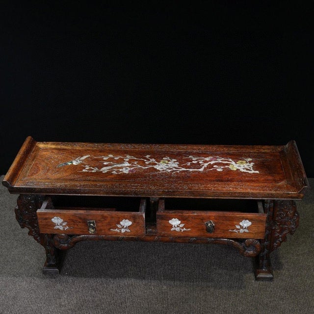 1980s Chinese Rosewood Table With Mother-of-Pearl Inlay and Two Drawers For Sale In Los Angeles - Image 6 of 10
