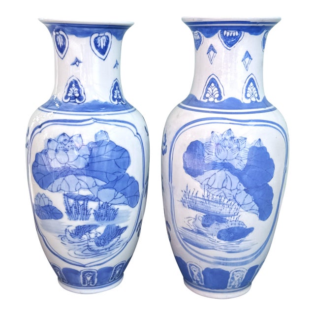 Vintage Blue & White 12" Porcelain Vases - A Pair For Sale