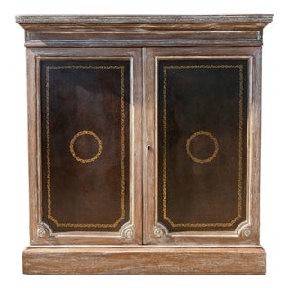 Vintage Classical Style Two Door Leather and Walnut Cabinet For Sale