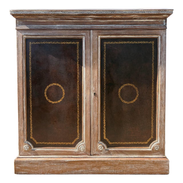 Vintage Classical Style Two Door Leather and Walnut Cabinet For Sale