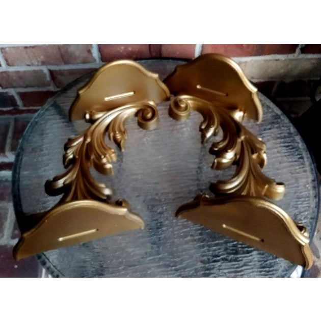 Mid-Century Modern 1976 Gold Syroco 2-Tier Scroll Style Wall Shelves - A Pair For Sale - Image 3 of 6
