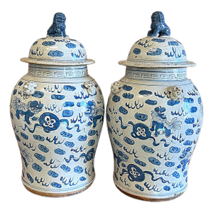 Large Chinoiserie Temple Jars With Foo Dog Designs - A Pair