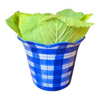 Sweet Blue White Plaid Crosshatch Ceramic Planter With Faux Pale Green Cabbage For Sale