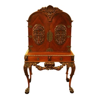 Carved Early 20th Century Walnut Blind Door China Liquor Cabinet For Sale