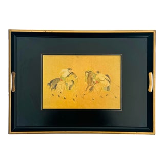 Vintage Lady Clare Chinoiserie Equestrian Polo Tray – Made in England With Lacquer Finish and Gold Trim For Sale