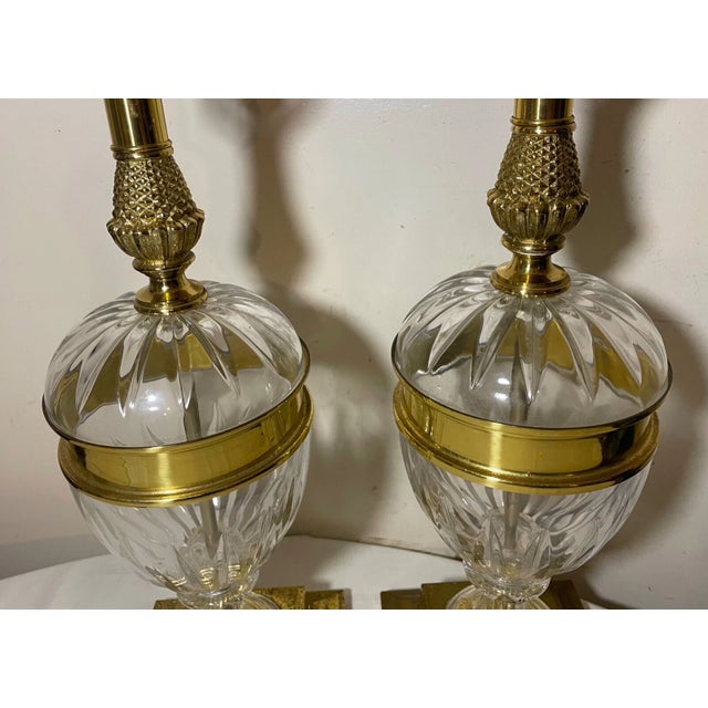 Vintage Urn Style Brass Cut Crystal Electric Table Parlor Lamps - a Pair For Sale - Image 14 of 15