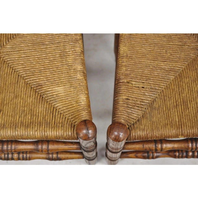 Brown Antique Ladderback Primitive Rustic Oak Wood Rush Seat Dining Chairs - Set of 4 For Sale - Image 8 of 11