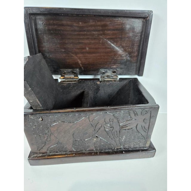 Vintage Hand-Carved Dark Wood Elephant Trinket Jewelry Box Hinged Safari Decor For Sale - Image 4 of 18