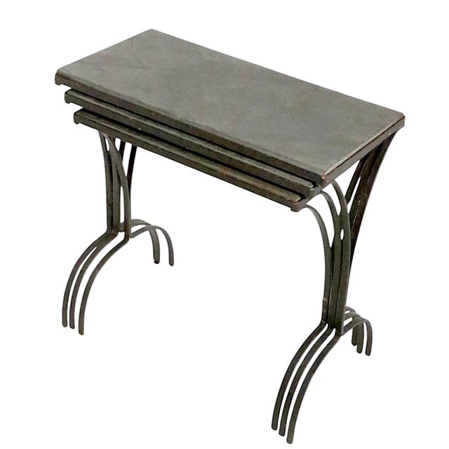 3pc. Set of Vintage Garden Mid Century Wrought Iron and Slate Nesting Tables After Tempestini For Sale - Image 12 of 12