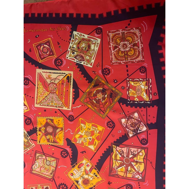 Textile HERMES MÉCANIQUE des IDÉES red silk scarf designed Henry Christine 2004 France For Sale - Image 7 of 14