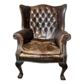 Antique English Leather Chesterfield Wingback Chair For Sale