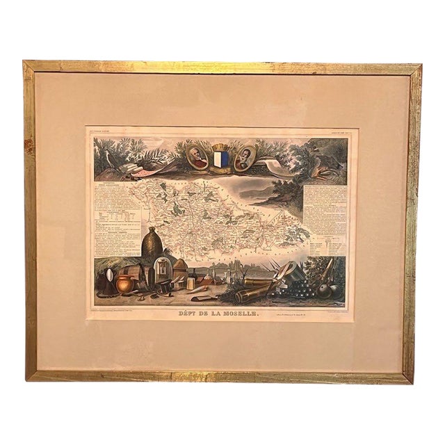 c.1850 Victor Levasseur Hand-Colored Map Dept De La Moselle Antique Framed For Sale