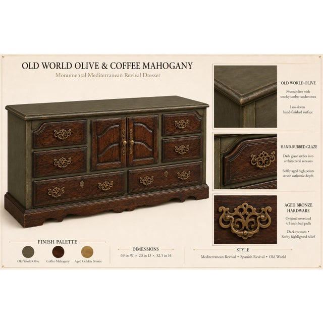 Mediterranean 1960s Monumental Mediterranean Revival Solid Pine Dresser in Old World Olive & Coffee Mahogany For Sale - Image 3 of 6