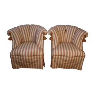 1950s Pair of English Traditional Mahogany Tufted & Skirted Arm Chairs For Sale