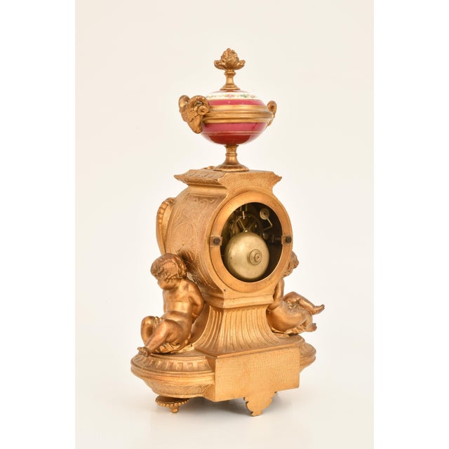 Bronze Antique French Gilt Bronze & Porcelain Three-Piece Figural Clock Garniture For Sale - Image 8 of 13