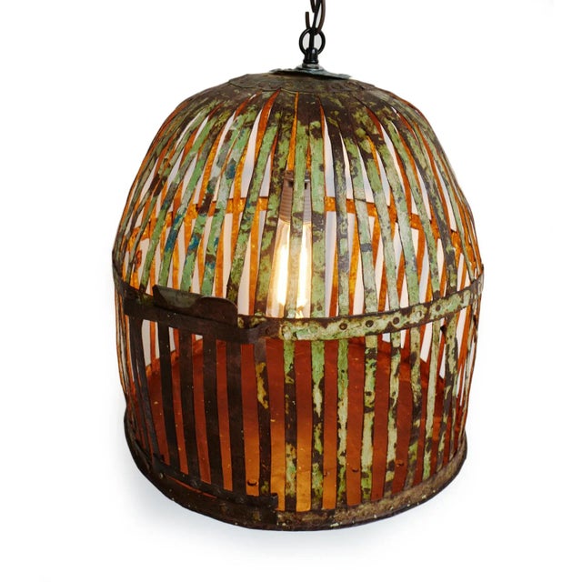Vintage Industrial Rustic Iron Cage Pendant Light For Sale - Image 4 of 7