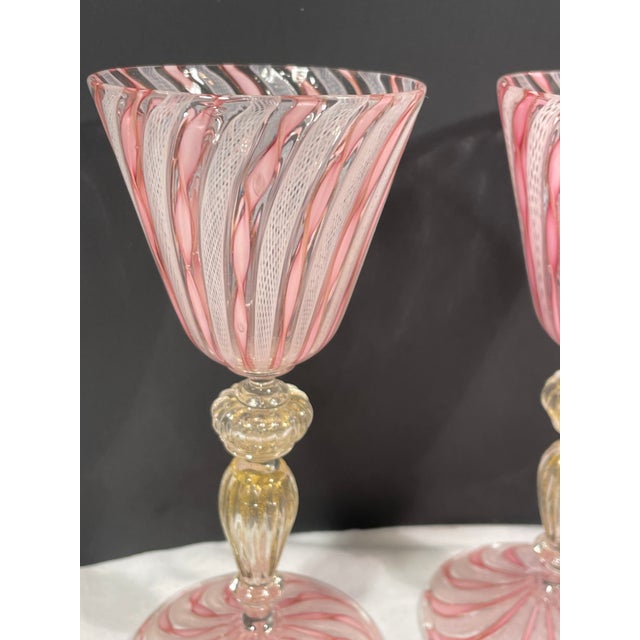 Rare Set of 2 Zanfirico Salviati Murano Pink Ribbon Glass Gold Dust Wine Glasses 6 3/4 inches tall Beautiful condition...