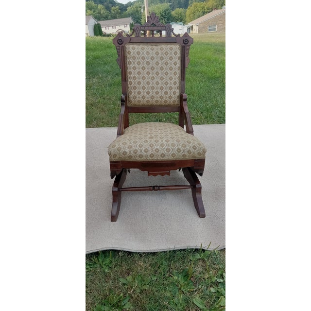Wood 1920s Colonial Era Solid Wood Rocking Chair With Ornate Upholstery For Sale - Image 7 of 12