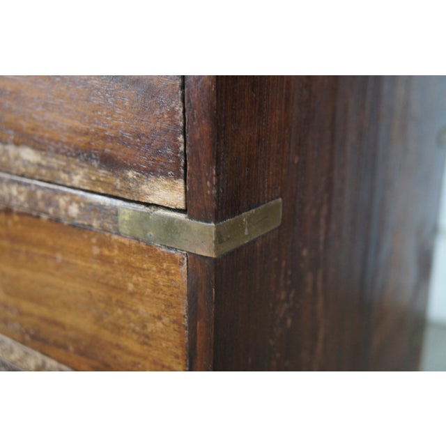 Wood Antique English Campaign Anglo Indian Teak Brass Inlay Military Chest of Drawers For Sale - Image 7 of 11