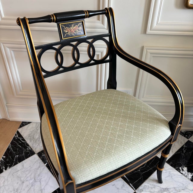 Hickory Chair Furniture Company 1980s Pair Regency Style Hickory Chair Co. Black & Gold Armchairs For Sale - Image 4 of 12