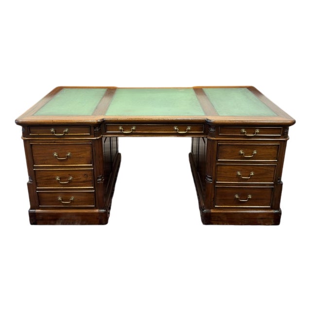 English Partner Desk in Teak and Leather For Sale