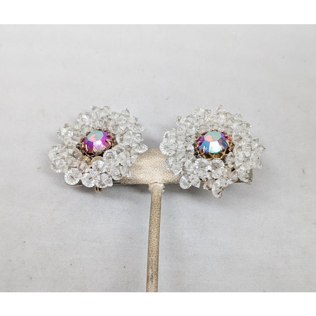 Vendome Vintage 1960s Signed Vendome Aurora Borealis & Clear Beaded Clip Earrings-2 Pieces For Sale - Image 4 of 7