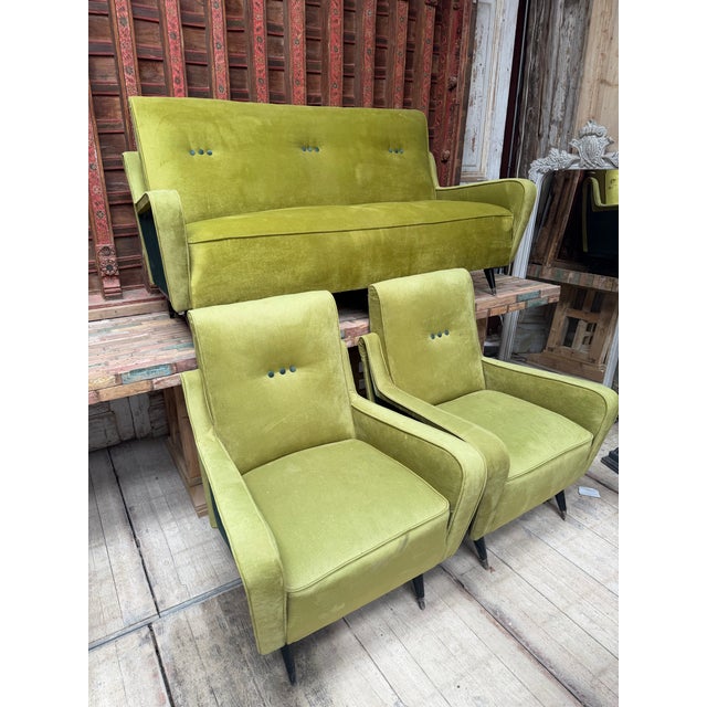 1950s Set Chartreuse and Emerald Mid Century Settee and Arm Chairs For Sale - Image 6 of 9
