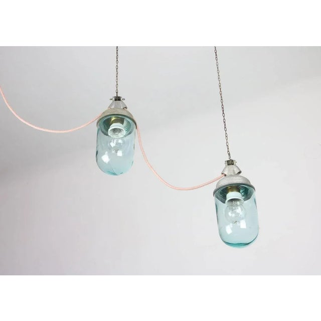 Vintage Industrial Blue Glass and Grey Metal Pendant Lamps, 1950s, Set of 2 For Sale - Image 12 of 16