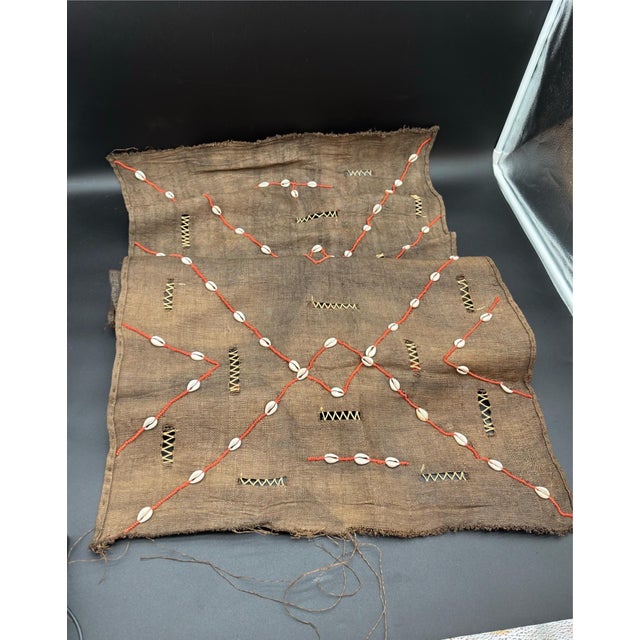 Vintage African Kuba Mud Cloth With Cowrie Shells and Orange Seed Beads in a Geometric Design For Sale - Image 11 of 14