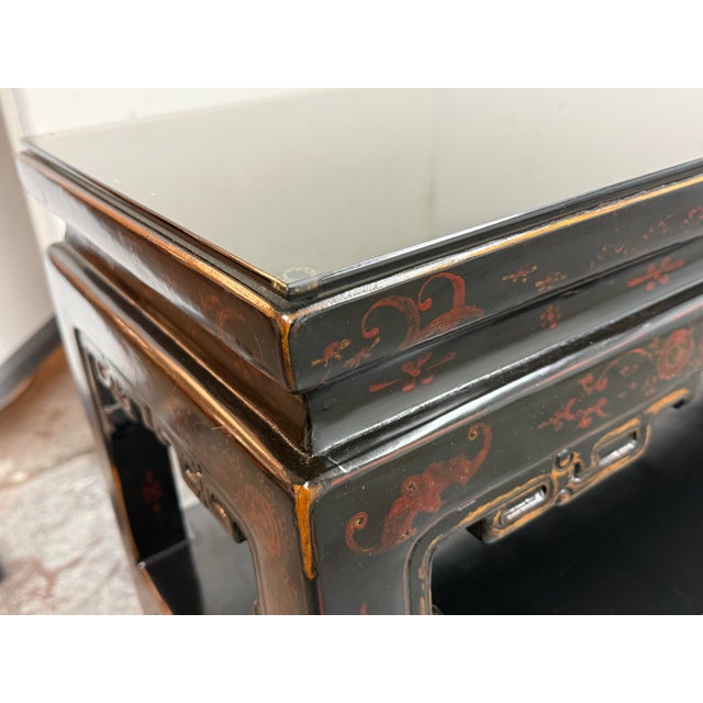 Black Chinoiserie Black Lacquer Console Table, Vintage For Sale - Image 8 of 12