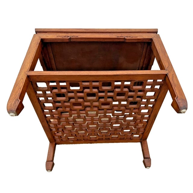 1960s MCM Ming Style Wood Coffee / End Table With Open Geometric Fretwork Lower Shelf For Sale - Image 12 of 12