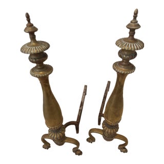Antique Solid Brass Fireplace Andirons/ Firedogs Pair (2) For Sale