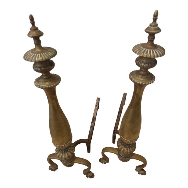 Antique Solid Brass Fireplace Andirons/ Firedogs Pair (2) For Sale