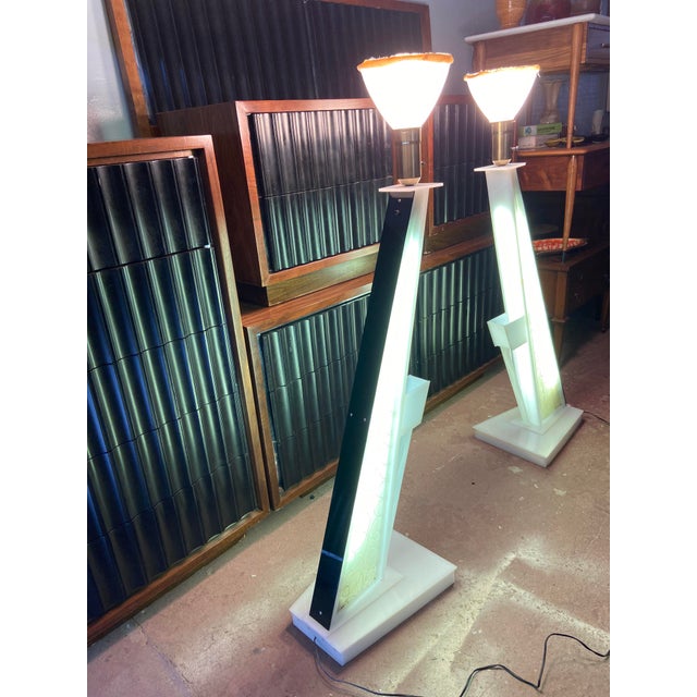 “Leaning Lena” Spun Glass + Plexiglas Moss Floor Lamps A Pair Chairish