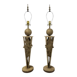 Late 20th Century Neoclassical Faux Stone Metal Table Lamps With Acanthus Leaf & Orb Accents - Pair For Sale