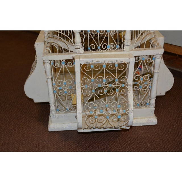 Moroccan Vintage 1960s Dome Top Balloon Birdcage Cream Blue Wire / Metal & Wood Tunisian Moroccan For Sale - Image 3 of 13