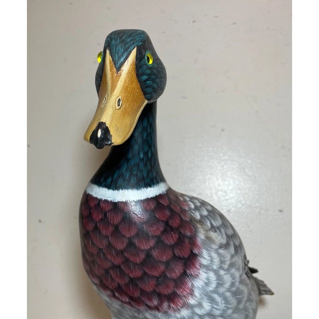 Vintage Lifesize Hand Carved Wood Folk Art Mallard Duck Decoy Sculpture Statue For Sale - Image 11 of 16