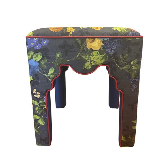 Black Mackenzie Childs Covent Garden Upholstered Ottoman / Parsons Stool / Vanity Chair For Sale - Image 8 of 12