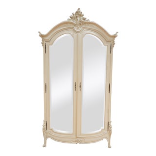 Vintage French Style White Cabinet With Carved Wood Detail and Mirrored Front For Sale