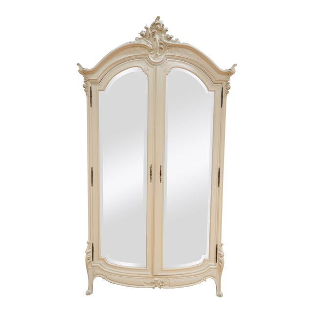 Vintage French Style White Cabinet With Carved Wood Detail And