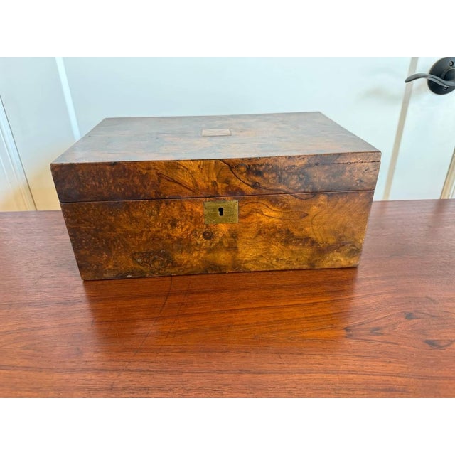 Early 20th Century Antique Victorian Style Burr Walnut Brass Writing Box For Sale - Image 9 of 16