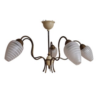 Mid-Century German Brass 5-Light Chandelier with White Patterned Glass Shades, 1950s For Sale