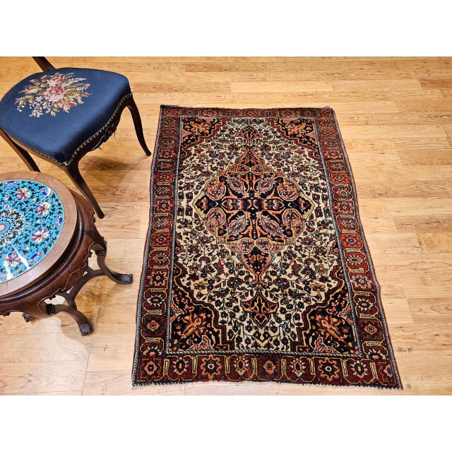 Textile 19th Century Persian Farahan Rug, Hand-Knotted Wool, Floral Pattern, Tan & Navy, 4x5 For Sale - Image 7 of 16