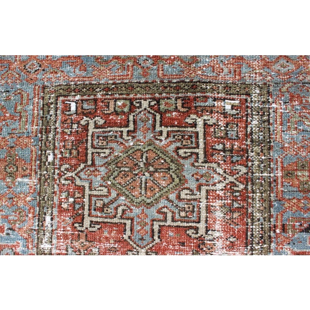 Distressed Antique Persian Karadjeh Rug With Geometric Medallions and Accents For Sale - Image 10 of 13