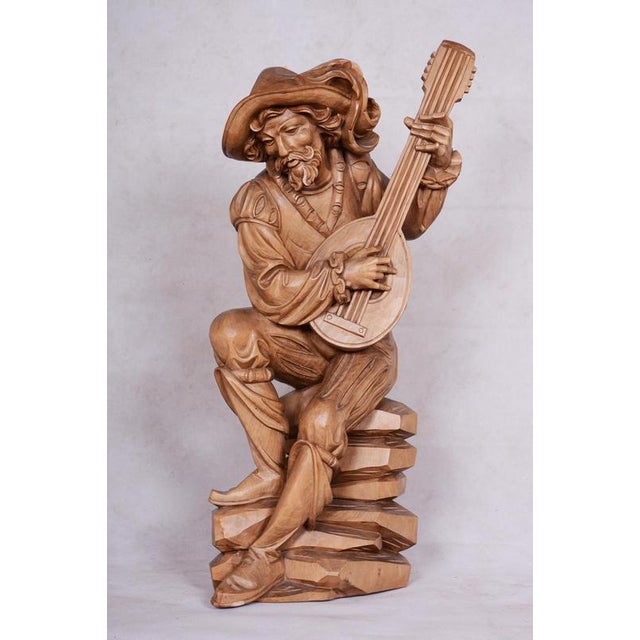French Artist, Original Neo-Rococo Statuette of Lutenist, 1840s, Lacquered Pear Wood For Sale - Image 3 of 18
