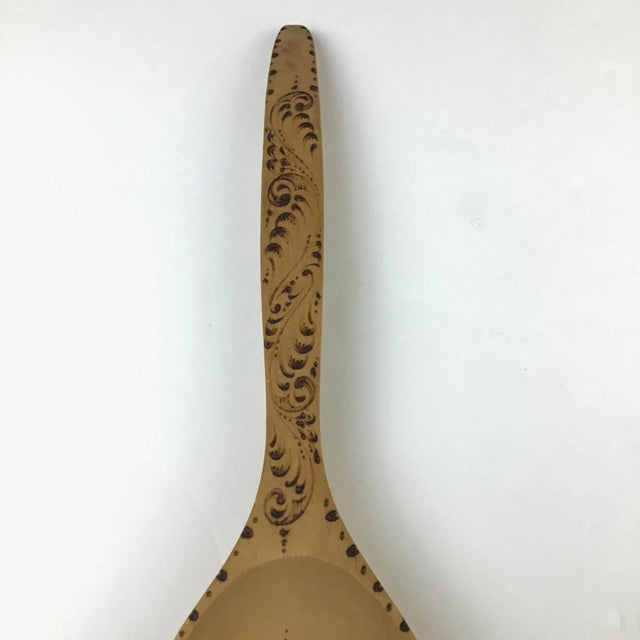 1970s Folk Art Wood Burned Etched Serving Spoon For Sale - Image 5 of 9